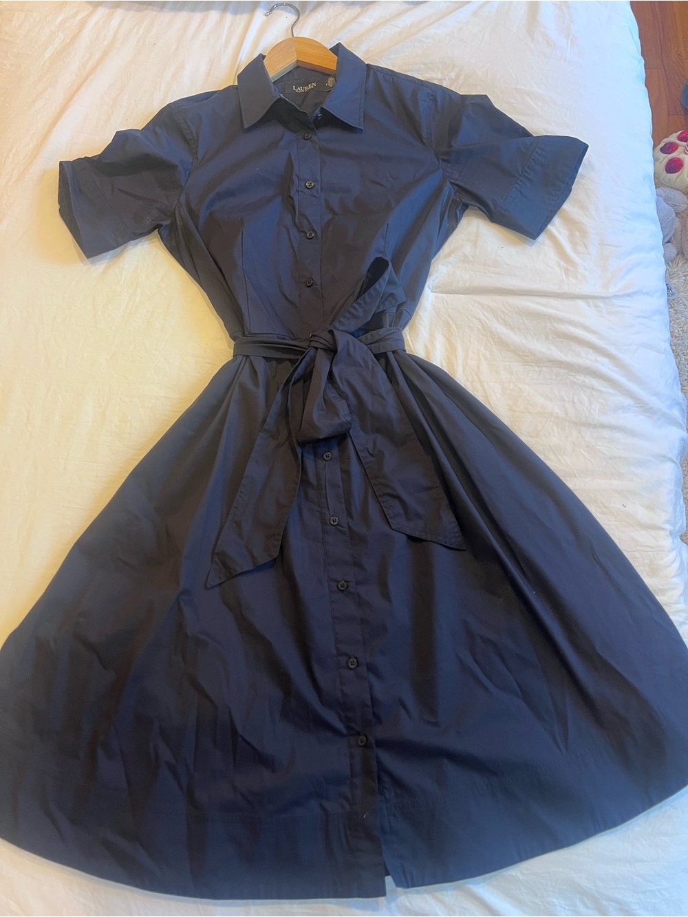 Lauren Ralph Lauren Navy Button-Front Midi Shirt Dress with Tie Waist